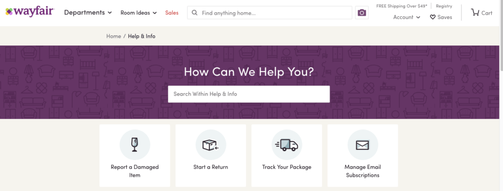 Example of support features in Wayfair shop