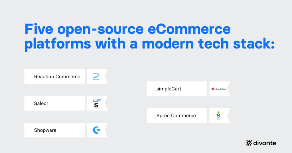 5 open-source eCommerce platforms with a modern tech stach:

Reaction
Saleor
Shopware
SimpleCart
Spree