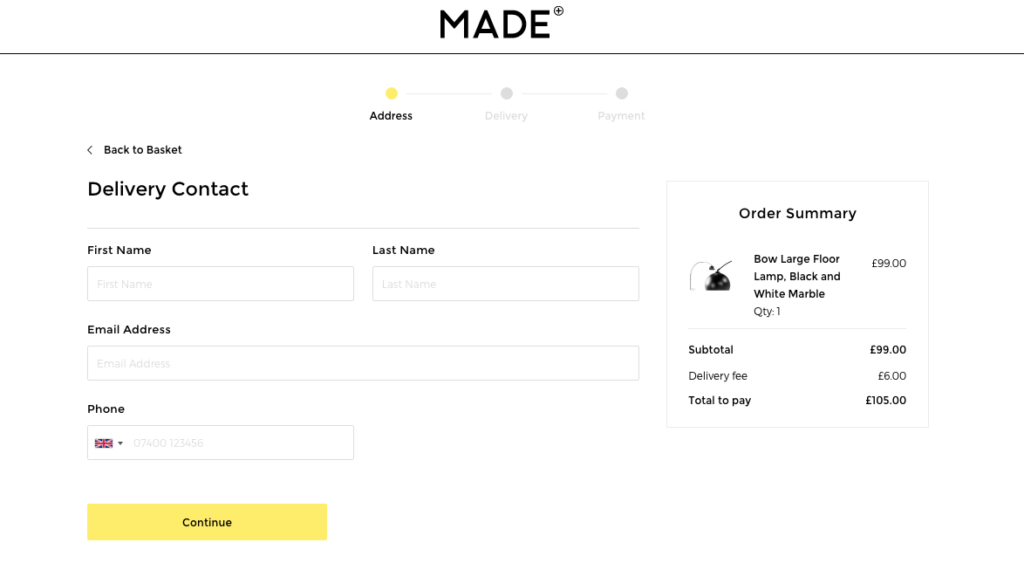 Example of picture-perfect checkout process by Made