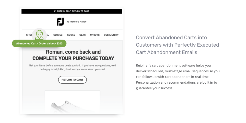 Example of Rejoiner - a platform that helps eCommerce websites entice shoppers back